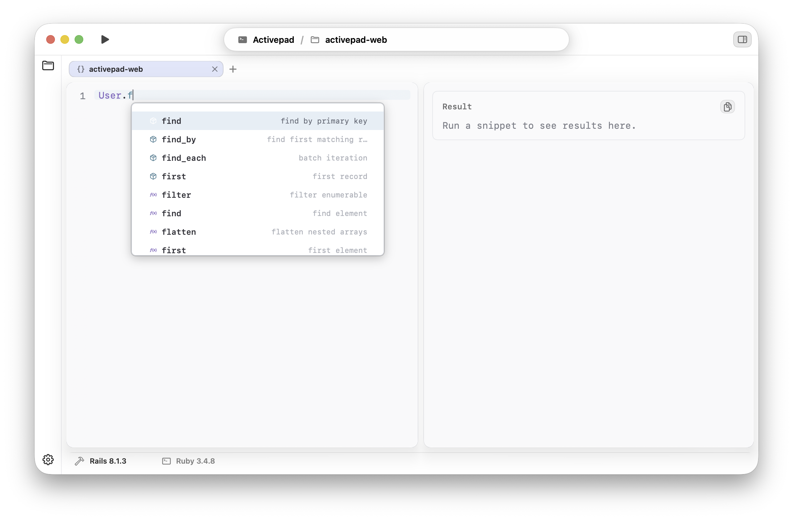 Activepad showing Ruby autocomplete suggestions inside a scratchpad