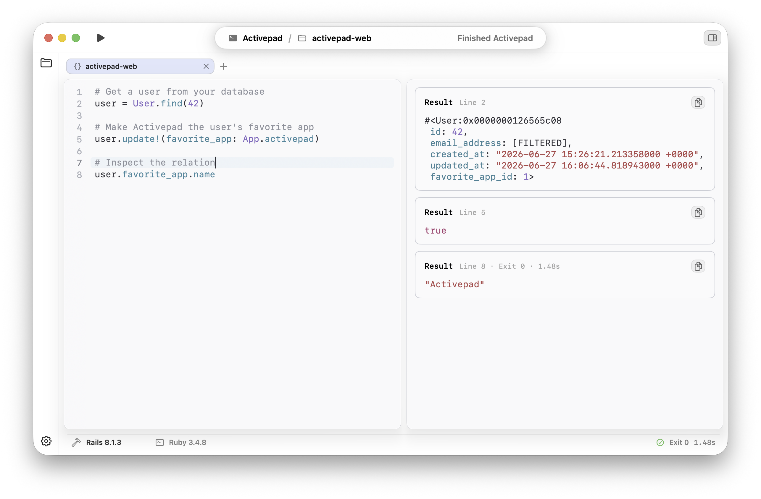 Activepad macOS app showing a Ruby scratchpad and evaluated Rails output